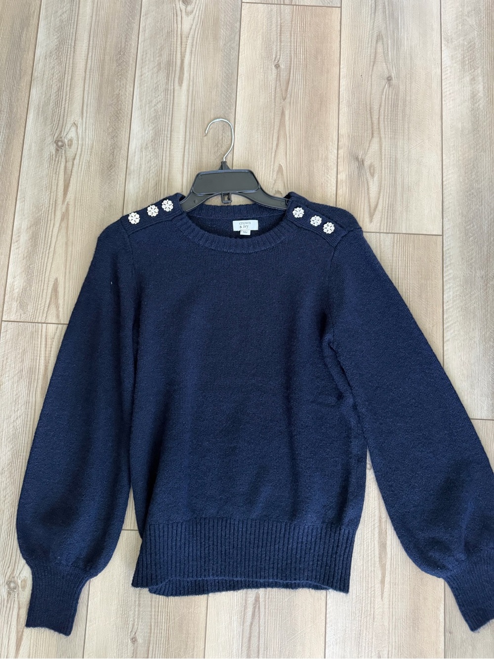 crown & ivy Navy Crewneck Sweater with White Flower Shoulder Buttons